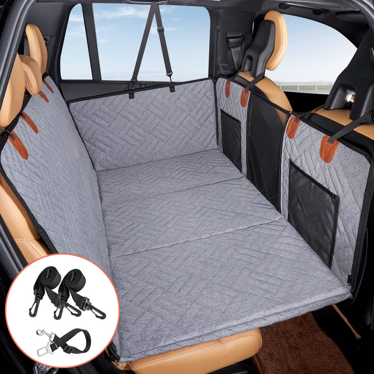 カーペット型ペットマット：車内用拡張ドッグケネル 取り外し可能ハンモック式ドッグマット／高耐荷重ハードボード搭載