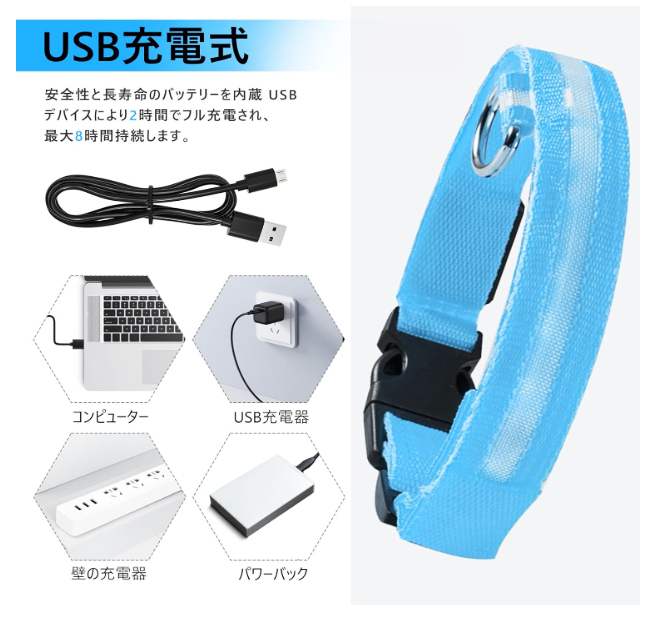LED発光ペット用首輪 USB充電式・メッシュタイプ・中耳魚デザイン・犬用カラー